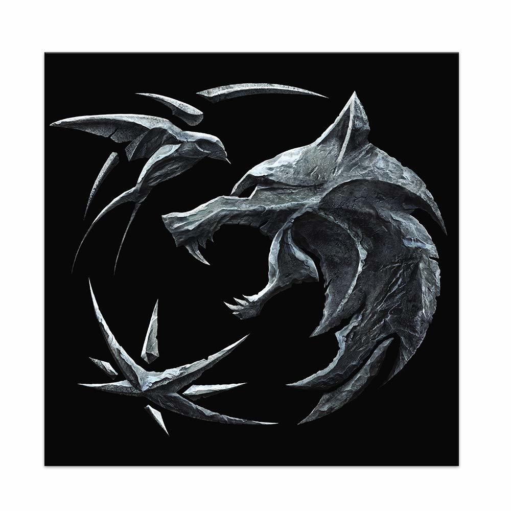 Das Witcher-Logo auf schwarzem Hintergrund. Das Logo zeigt einen Wolfskopf und zwei Schwerter.