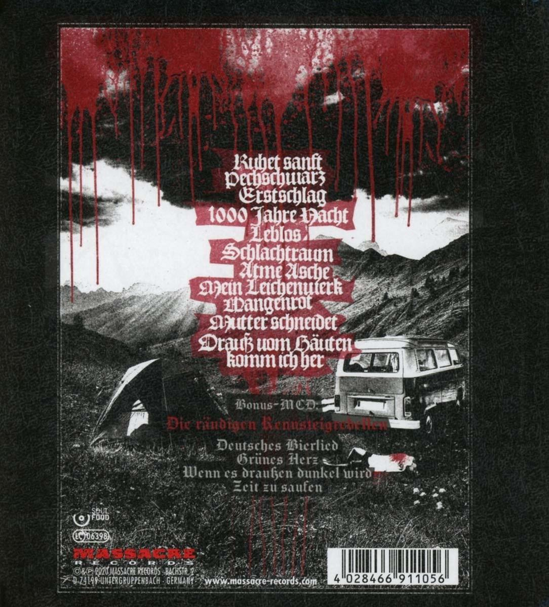 Rückseite eines CD-Covers mit Text und Bildern von einem Van, Zelt und blutartiger Farbe.