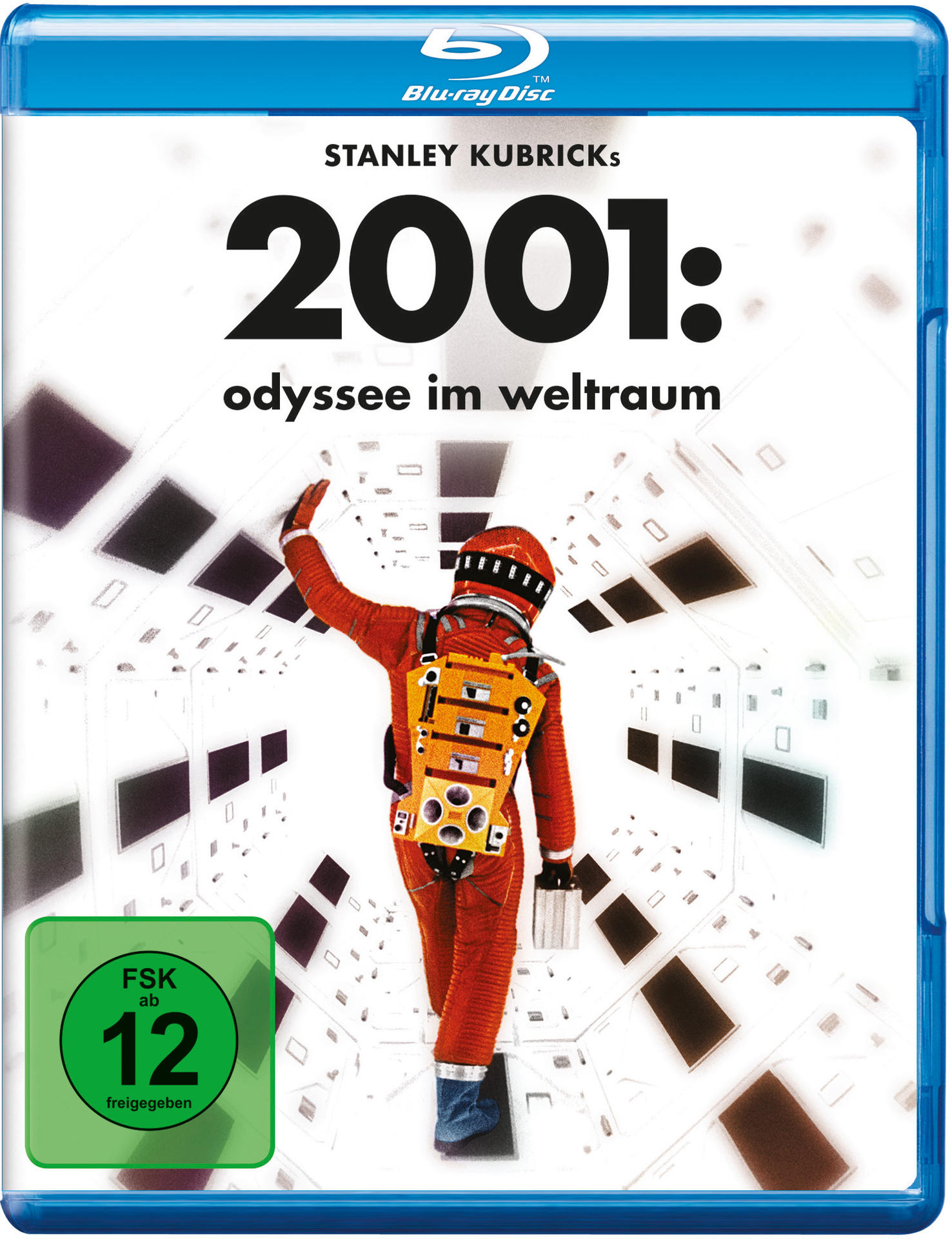 2001: Odyssee im Weltraum Blu-ray Cover. Ein Astronaut in rotem Anzug, in einem weißen Korridor.