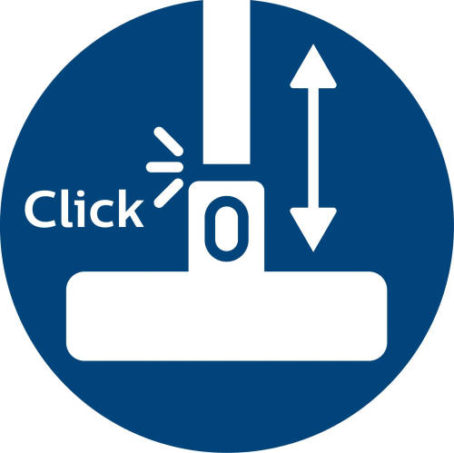 Blauer Kreis mit weißem Symbol. Text 'Klicken' und '0' mit Pfeilen.