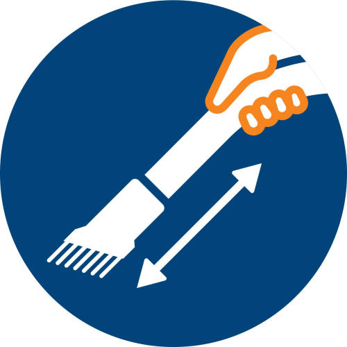 Symbol eines Staubsaugerkopfes mit Pfeilen, die Vor- und Rückwärtsbewegung anzeigen, auf blauem Kreis.