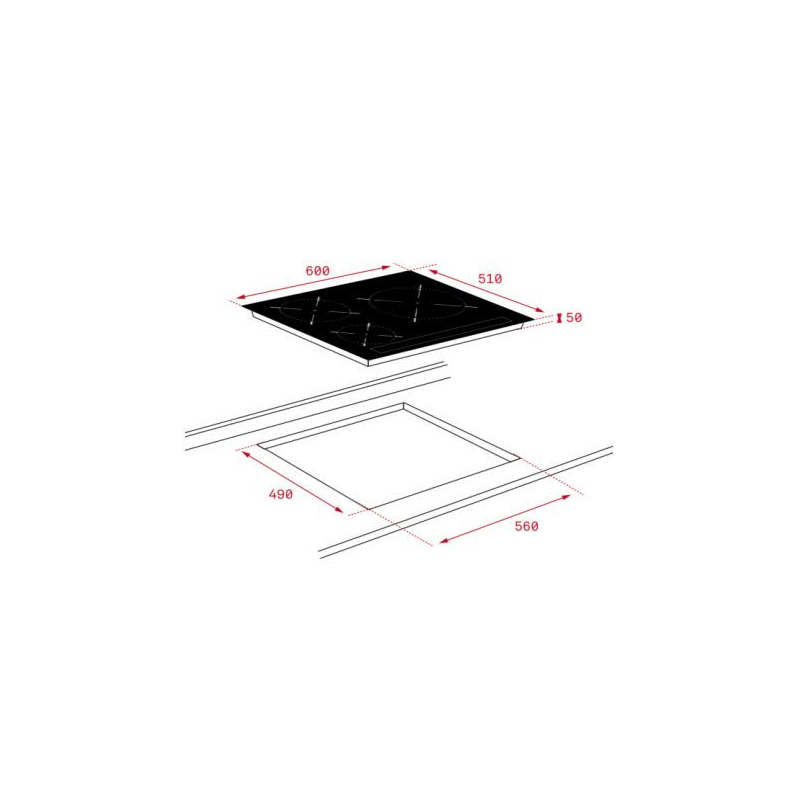 Una ilustración que muestra las dimensiones de una encimera y el recorte necesario. Fondo blanco.