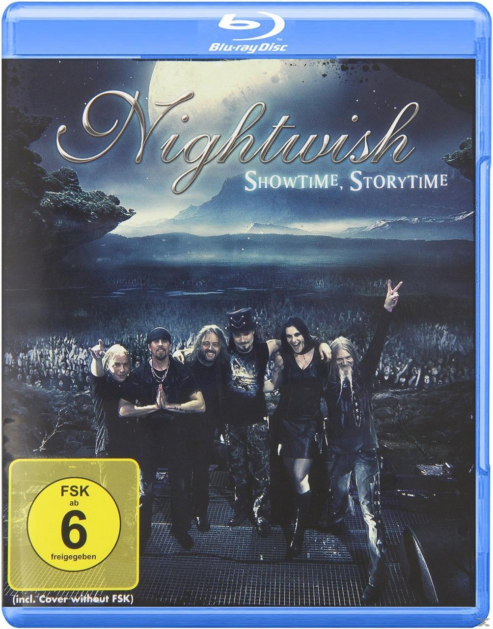 Blu-ray-Cover. Band auf der Bühne, lächelnd. Der Titel lautet Nightwish: Showtime, Storytime.