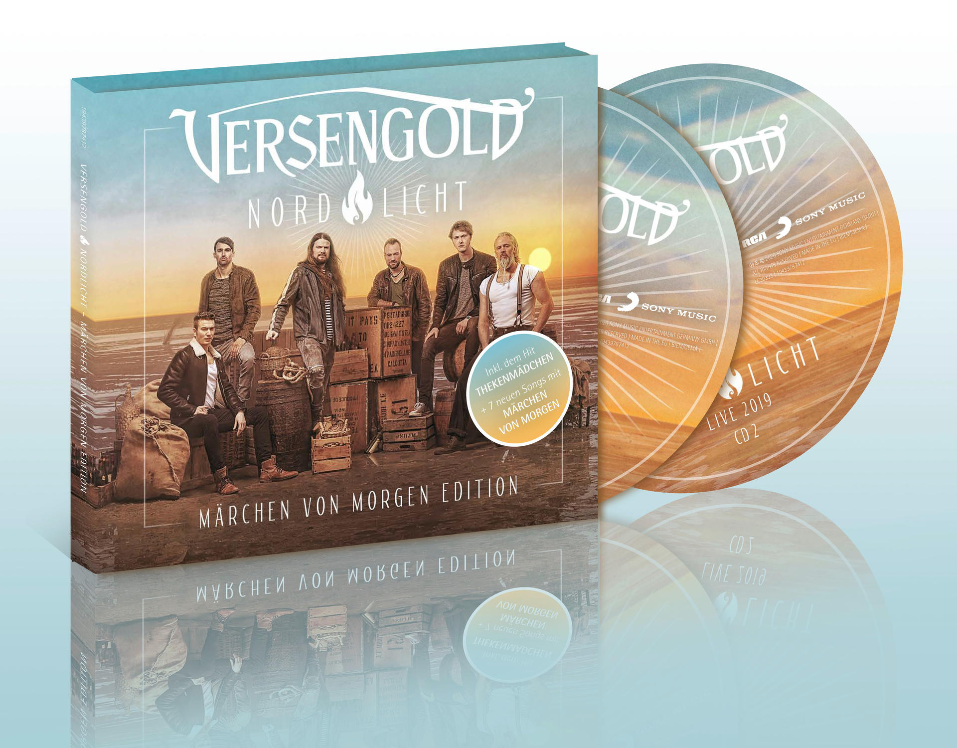 CD-Hülle und zwei CDs. Bandmitglieder vor einem Sonnenuntergangshintergrund.