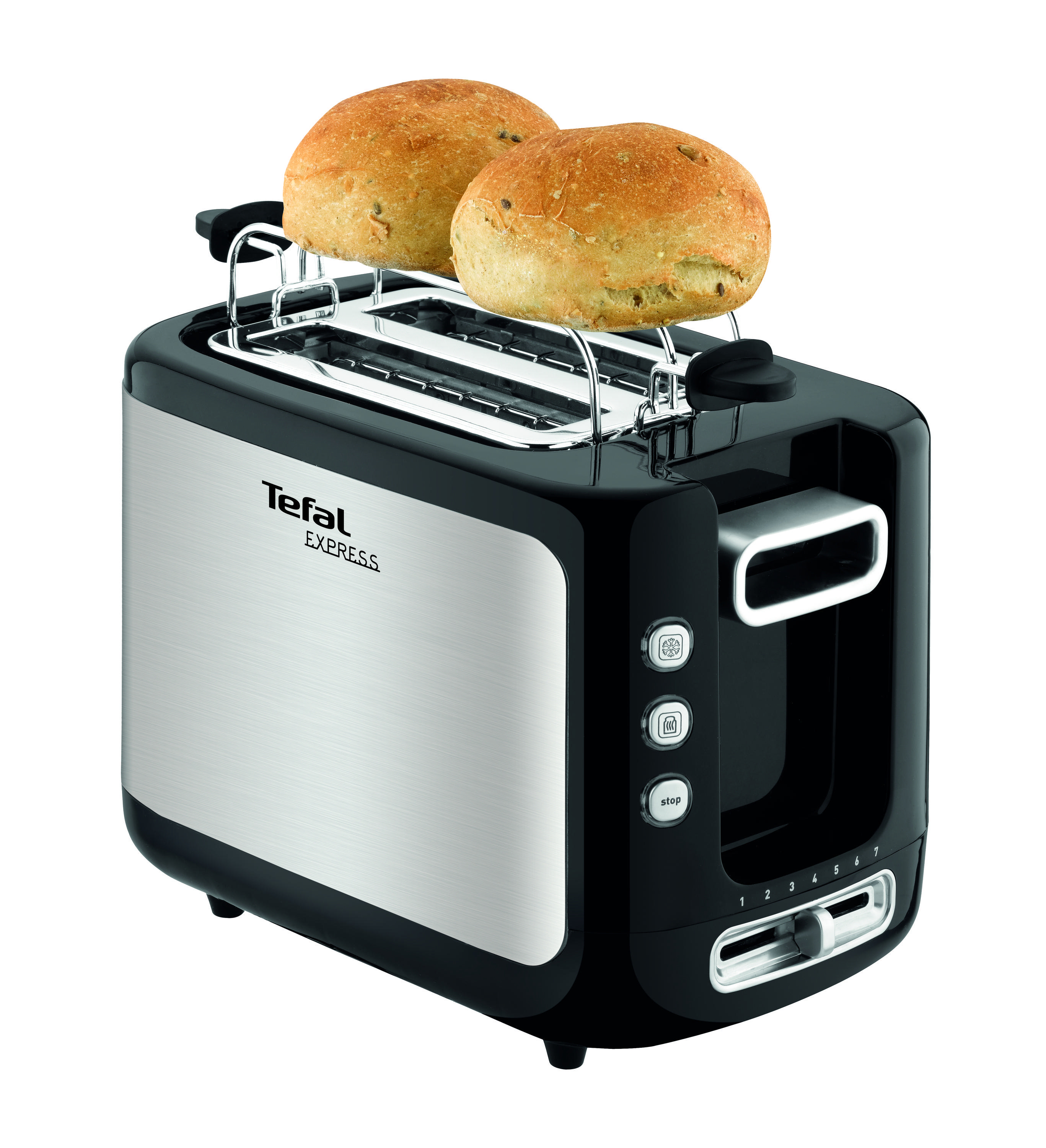 Schwarz-silberner Toaster mit zwei gerösteten Brötchen.