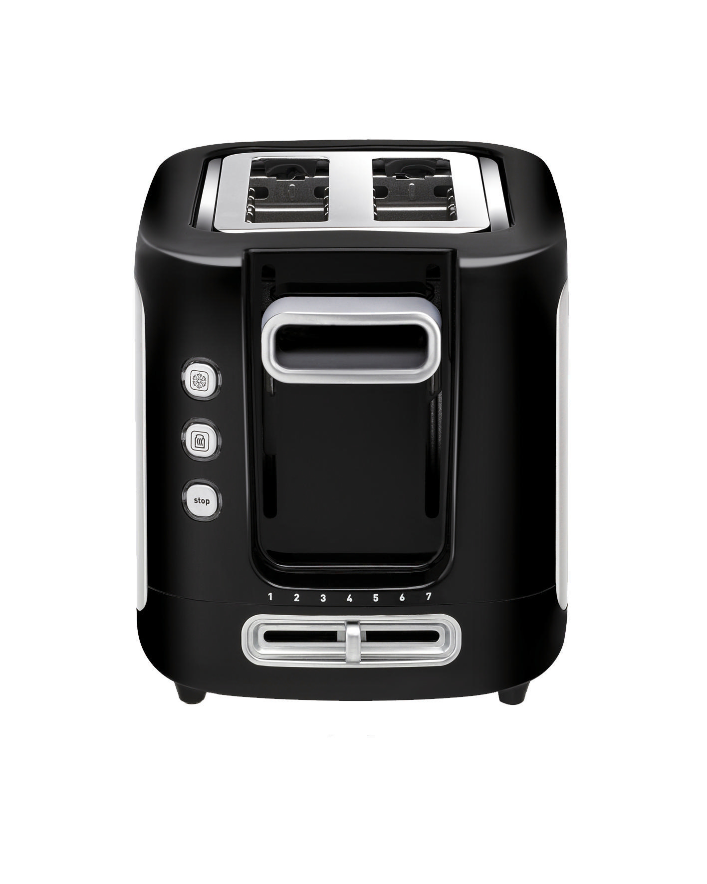 Ein schwarz-weißer Toaster. Er hat Schlitze für zwei Brotscheiben und ein Bedienfeld.