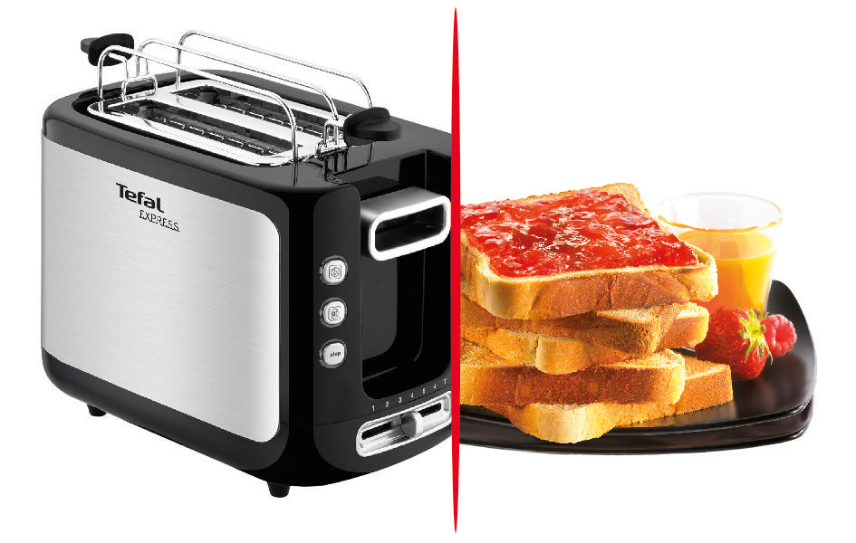 Schwarzer und silberner Toaster mit Toast und Marmelade auf einem Teller. Marke Tefal sichtbar.