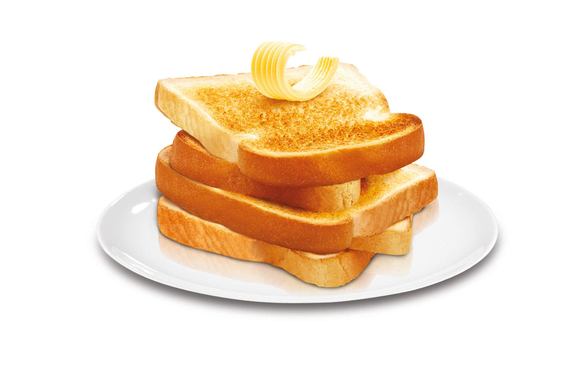 Stapel gerösteter Brotscheiben mit einer Butterlocke auf einem weißen Teller.