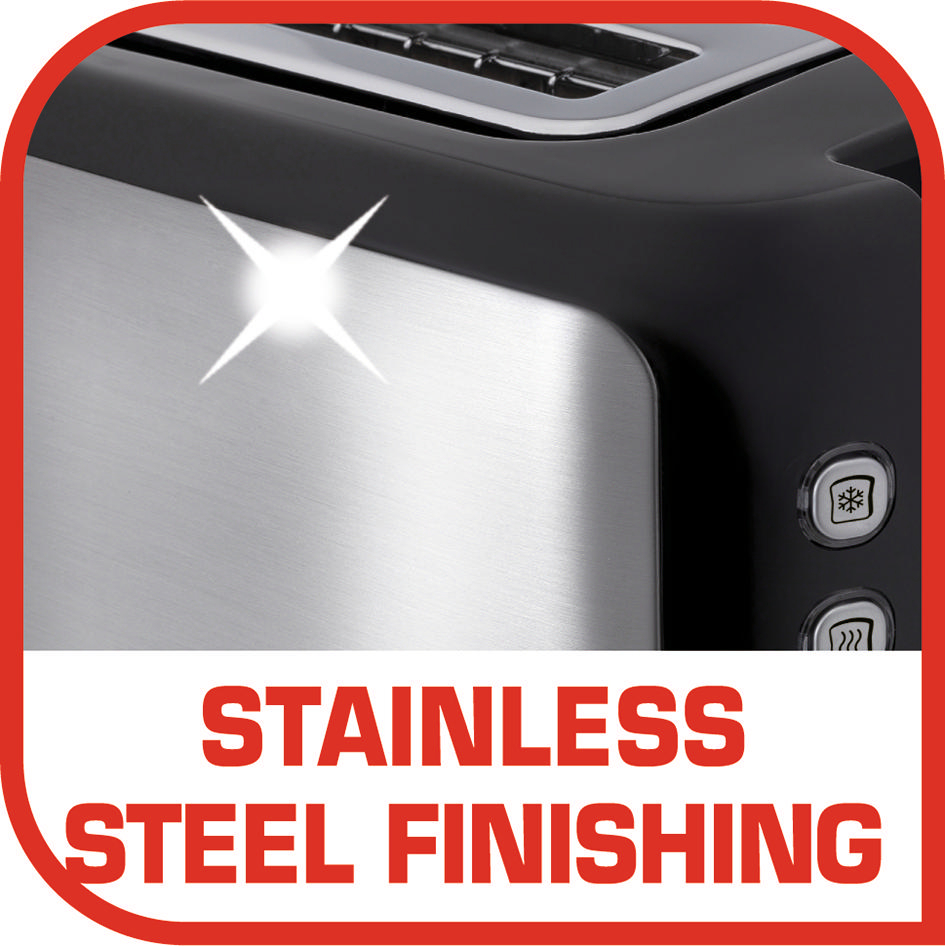 Nahaufnahme eines Toasters aus Edelstahl mit den Worten 'EDELSTAHL-FINISH'.