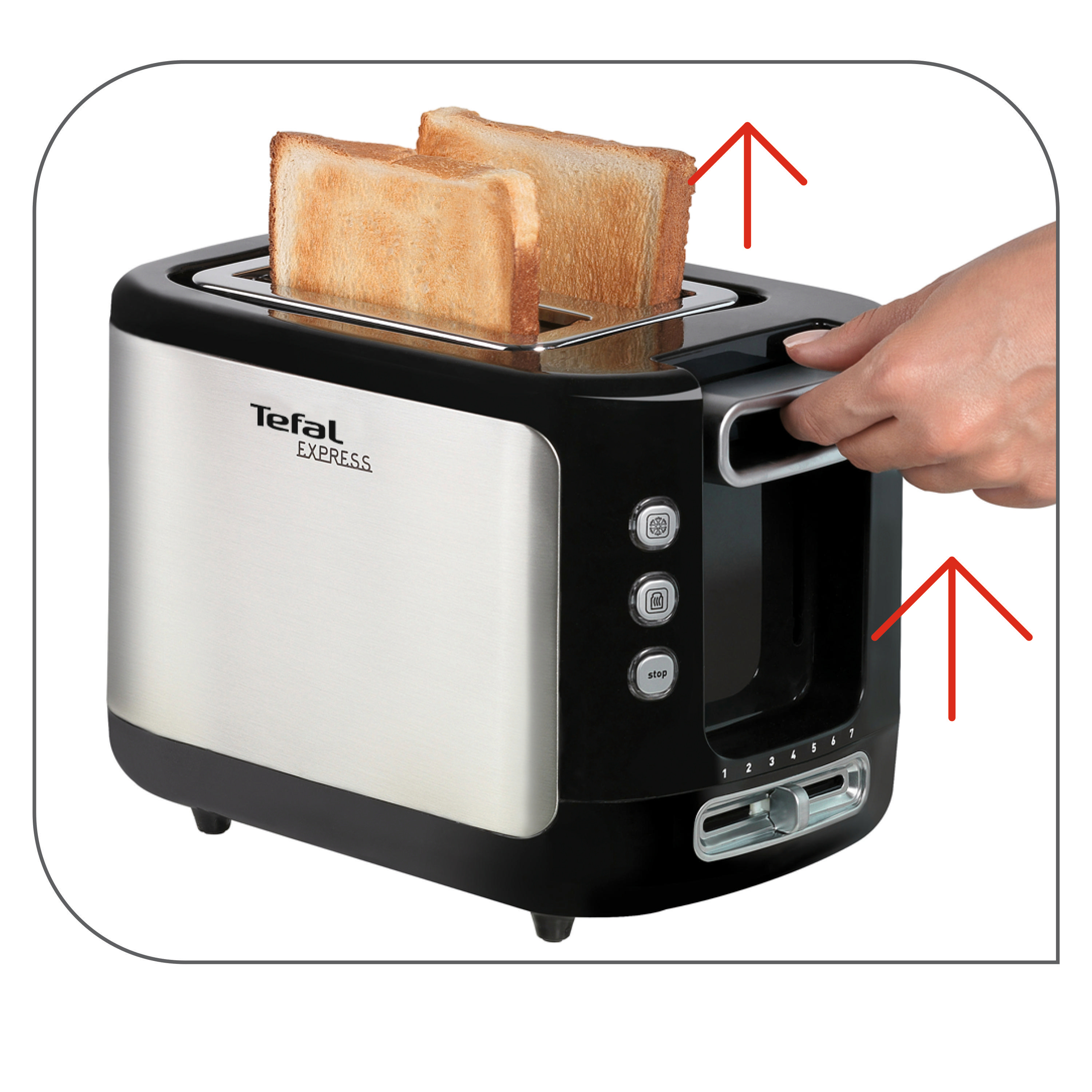 Ein Toaster mit zwei Brotscheiben. Eine Hand drückt den Hebel nach unten. Pfeile zeigen die Aktion.