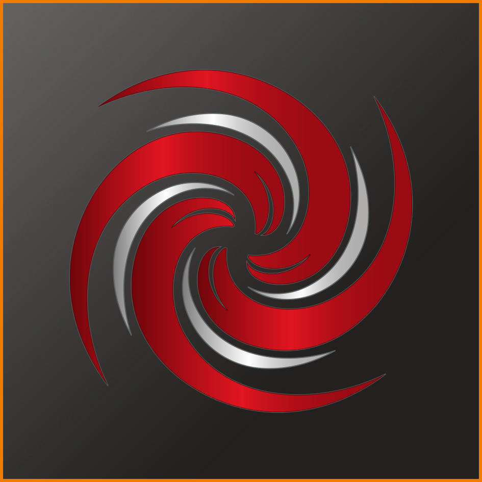 Ein rot-weißes Spiraldesign auf grauem Hintergrund mit orangefarbenem Rand.
