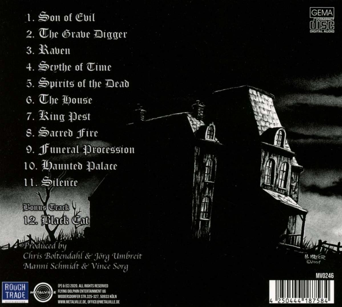 Albumcover mit Titelliste, Geisterhaus-Illustration und Bandnamen. Dunkler Hintergrund.