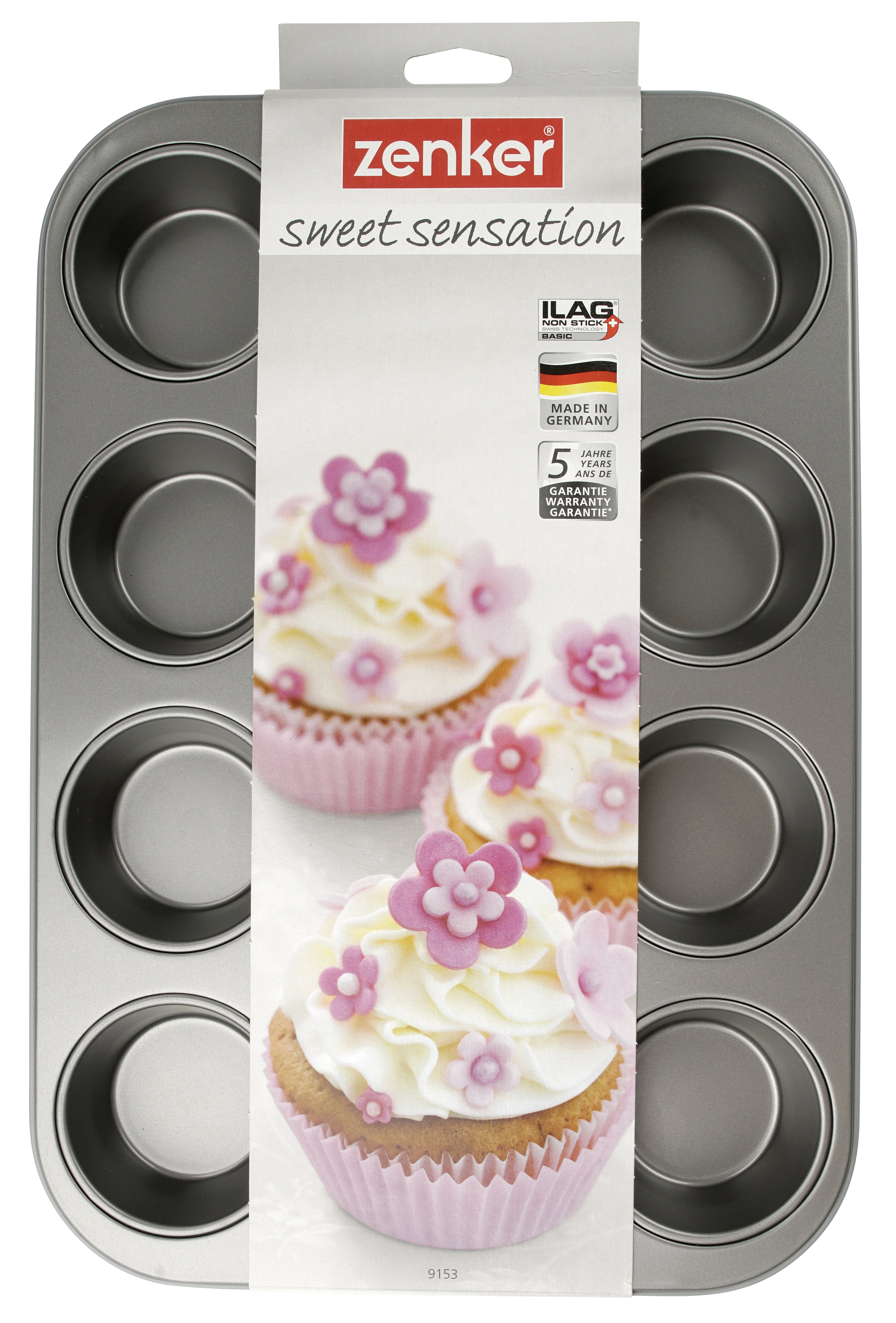 Muffinform mit acht kreisförmigen Formen und rosa Cupcakes.