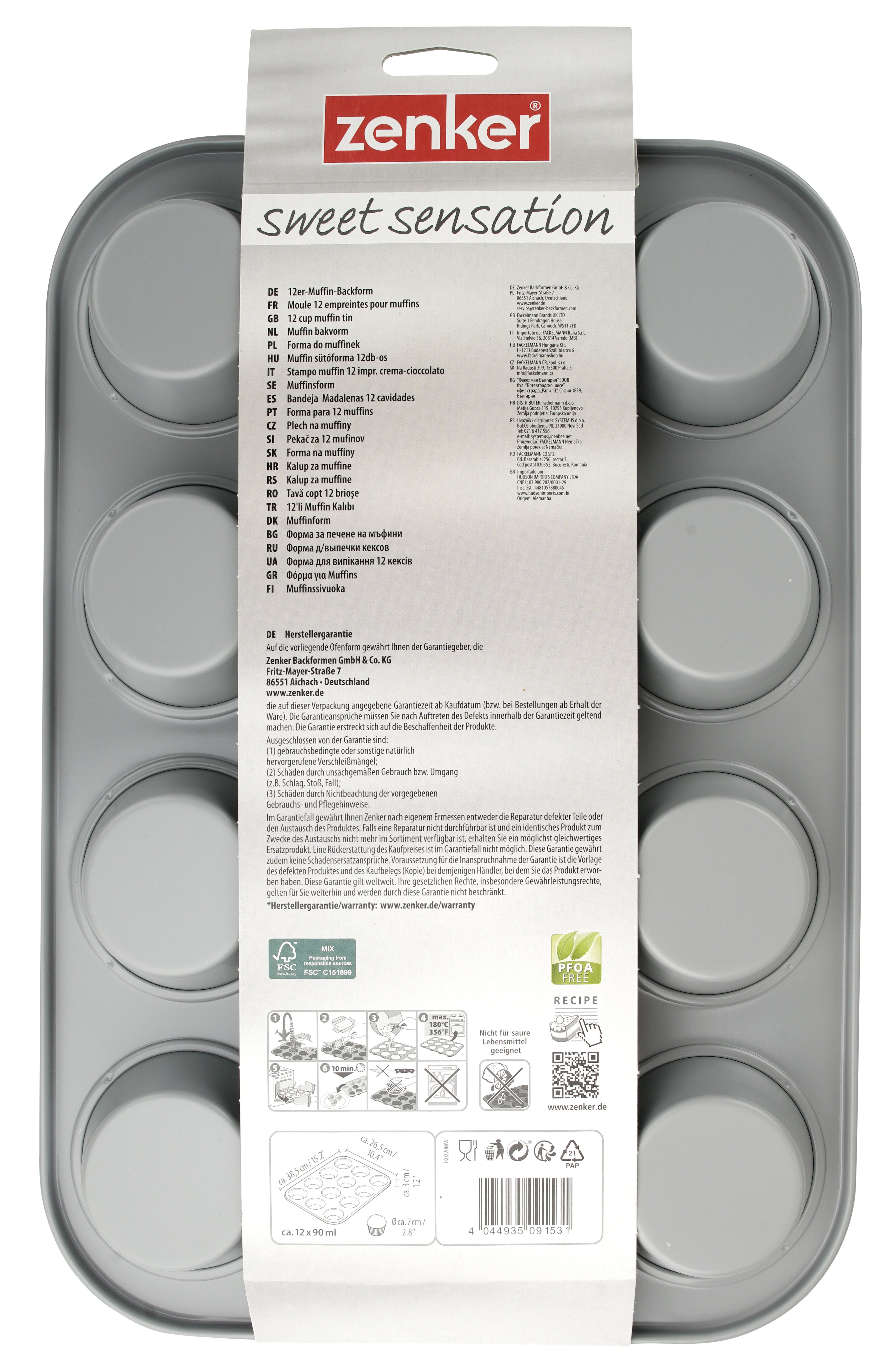 Graue Muffin-Backform-Verpackung mit Text in mehreren Sprachen. Die Form hat 12 Mulden.