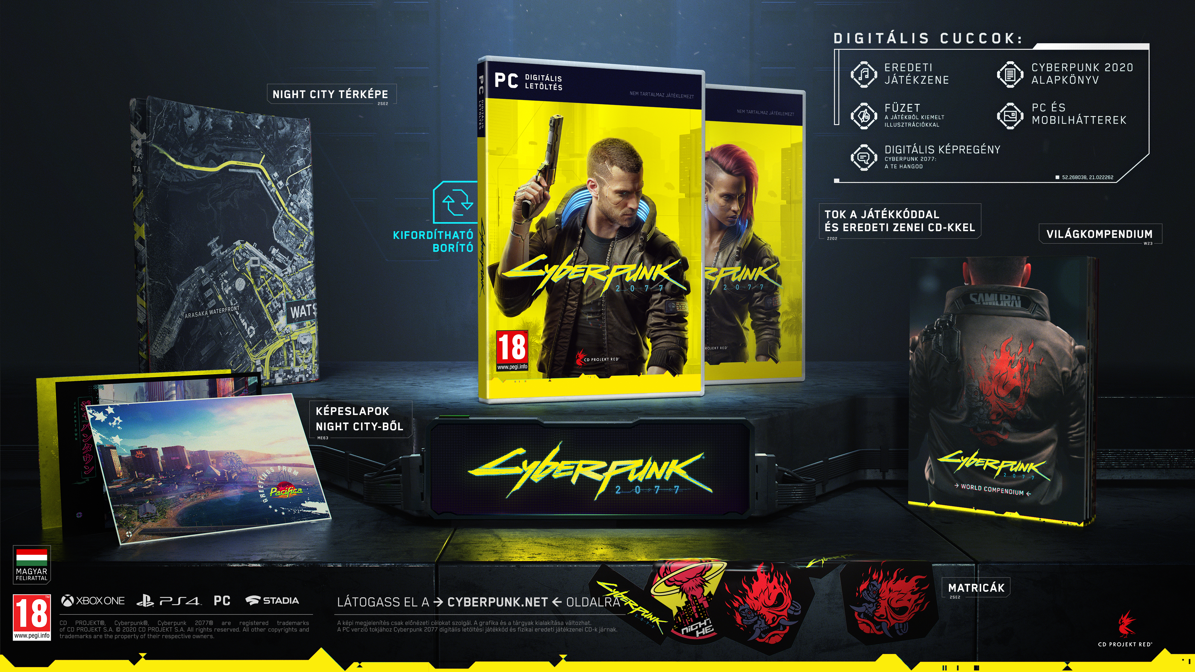 Cyberpunk 2077 játék dobozkészlet, játékdobozokkal, térképpel és egyéb promóciós anyagokkal.