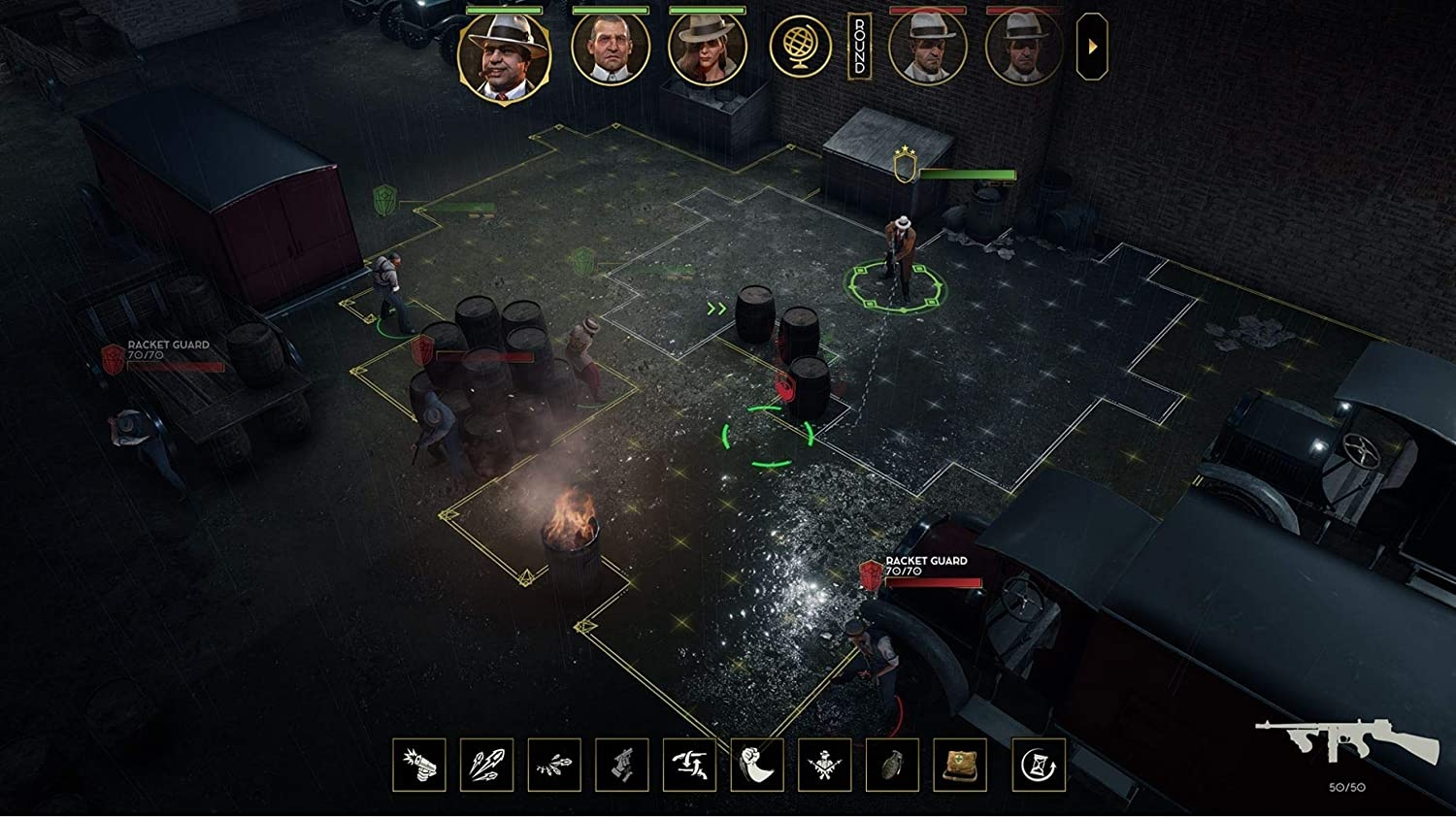 Vista desde arriba de una escena de juego con personajes, edificios y una explosión de fuego.