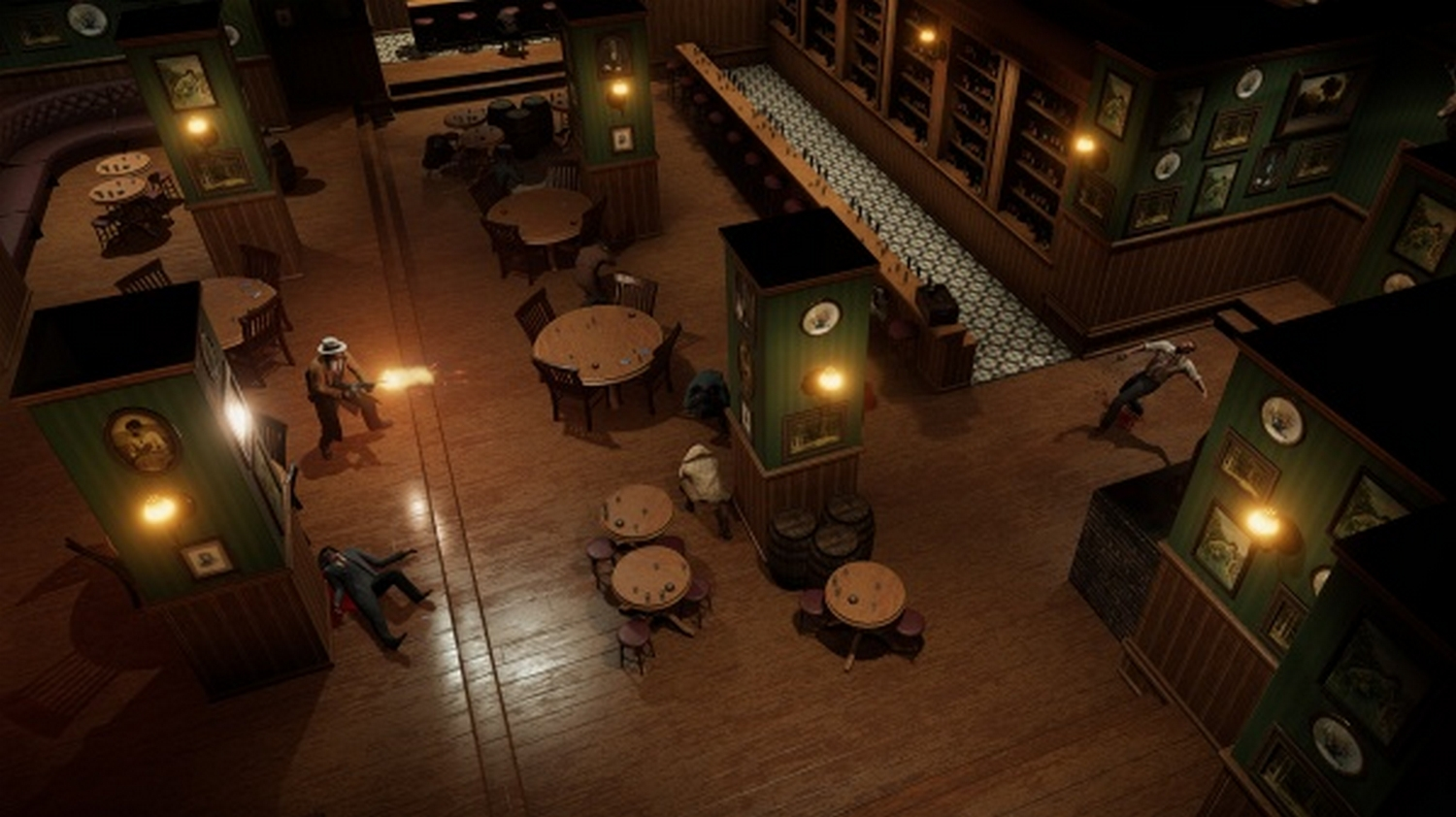 Vista cenital de una escena de bar con figuras en acción y disparos.