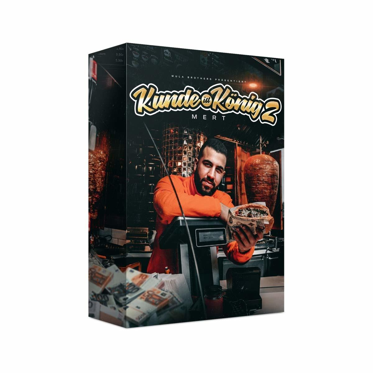 Eine Produktbox mit einem Mann, der Essen hält, mit Text in einer Fremdsprache und Geld im Vordergrund.