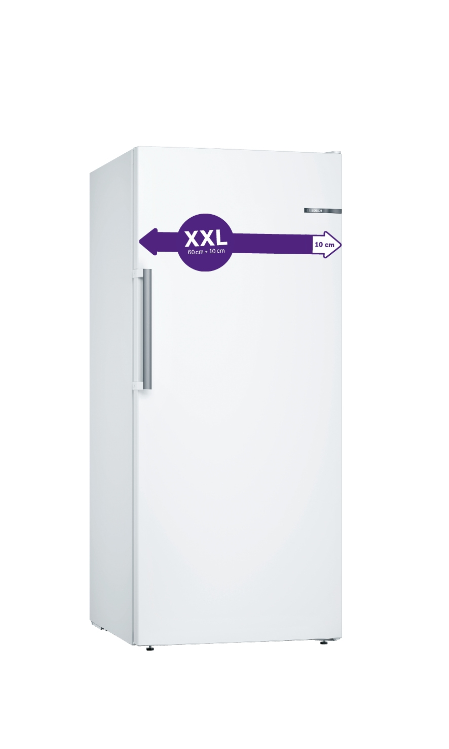 Ein weißer Kühlschrank mit einem XXL-Aufkleber und einem Pfeil.