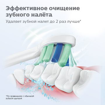 Close-up of a toothbrush head with bristles cleaning teeth and text in Russian.
