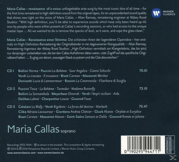 Maria Callas felvételeinek kottája. A szöveg album részleteket és lemez információkat tartalmaz.