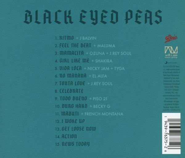 De achterkant van de cd met tracklijsten, bandnaam: Black Eyed Peas, op een turkoois achtergrond.