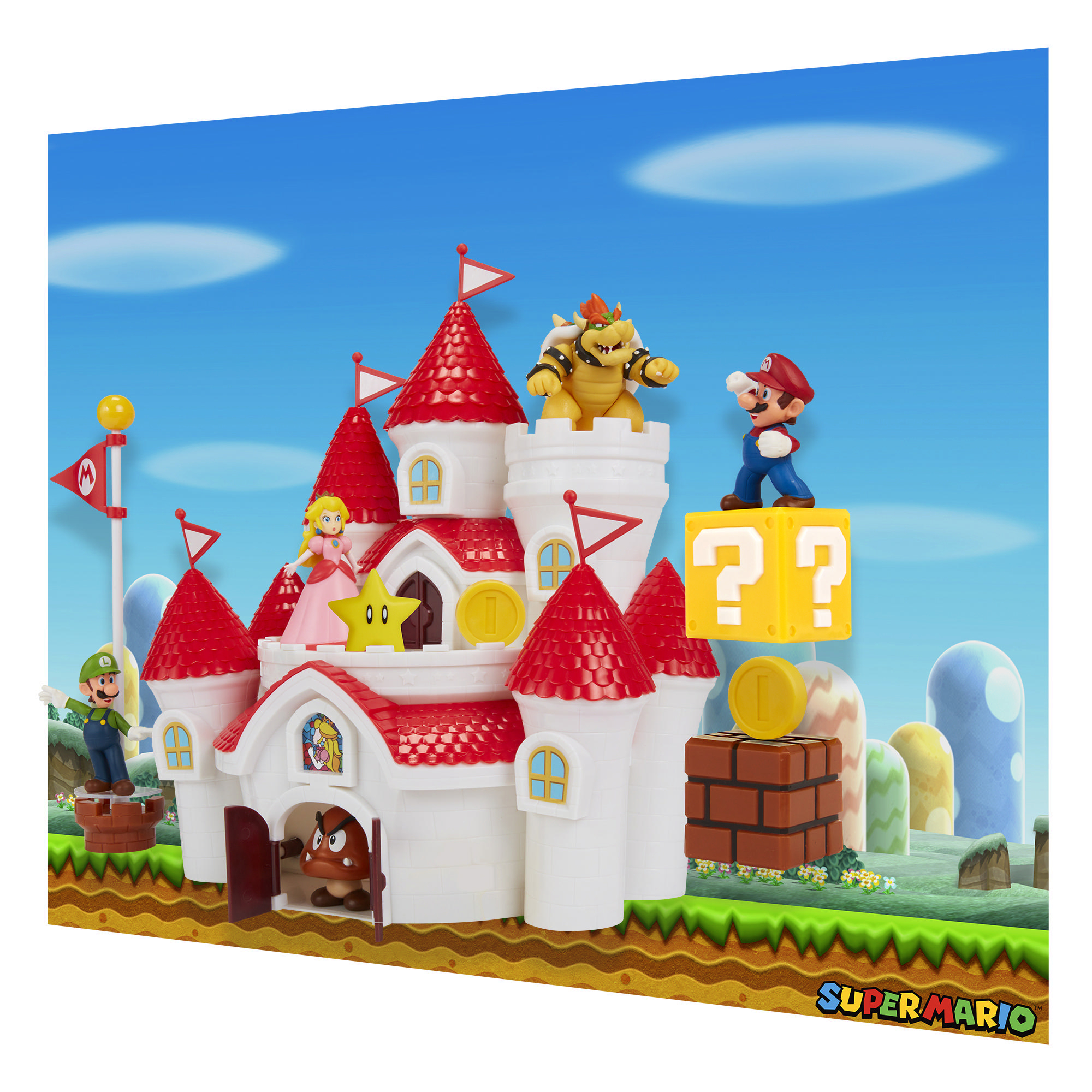 Super Mario Burg-Spielset mit Mario, Peach und Bowser Figuren.