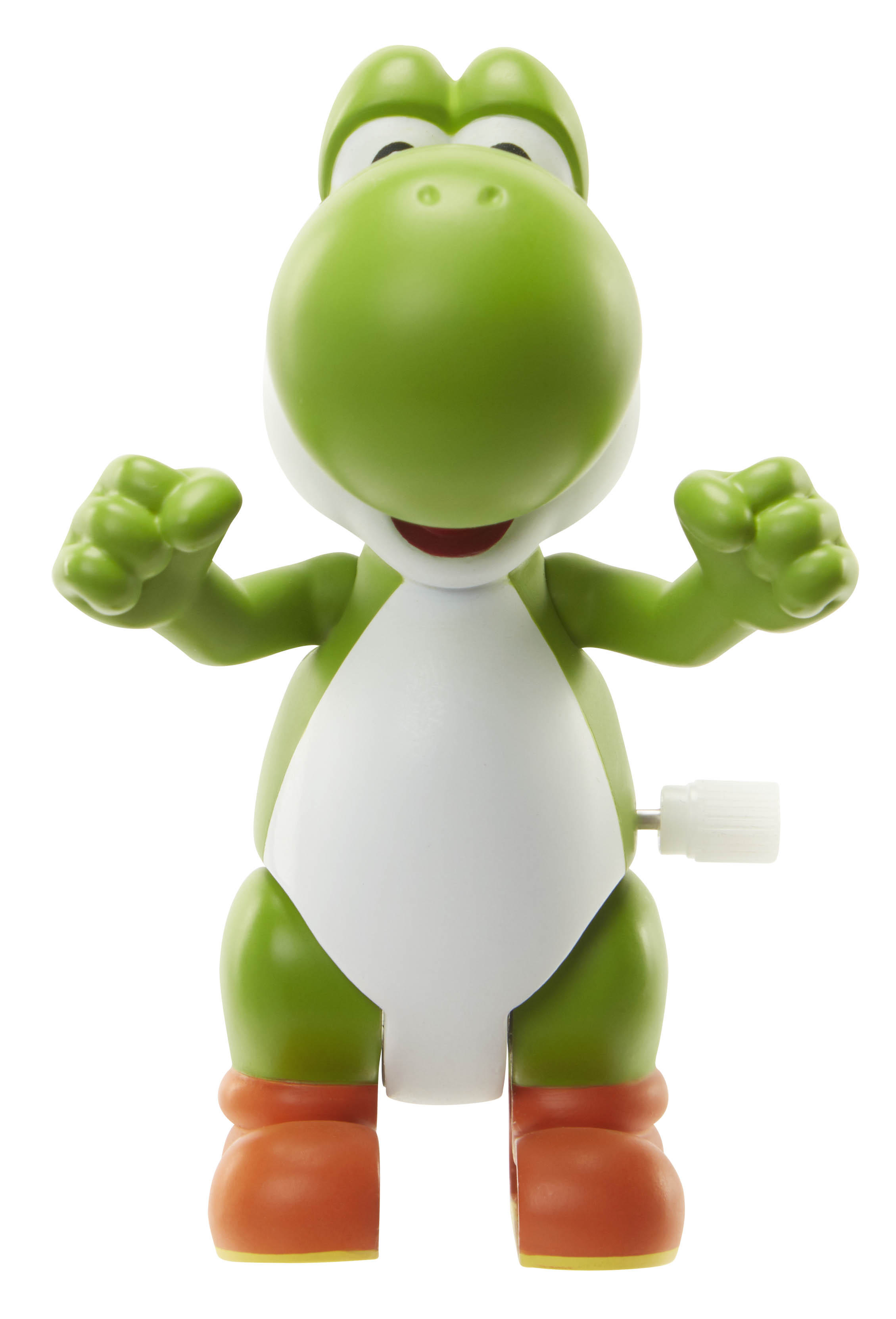 Grüne Yoshi-Spielfigur, Arme offen, orange Stiefel, Aufziehschlüssel.