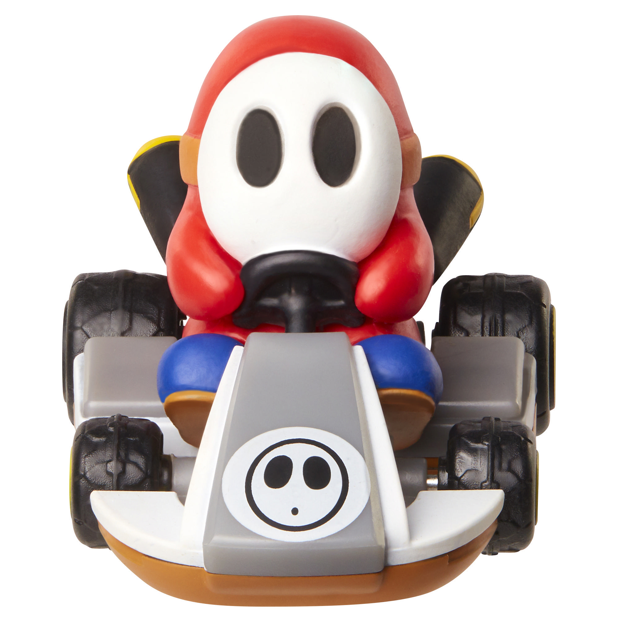 Shy Guy Spielfigur in einem Kart, rote Kapuze und weiße Maske, auf weißem Grund.