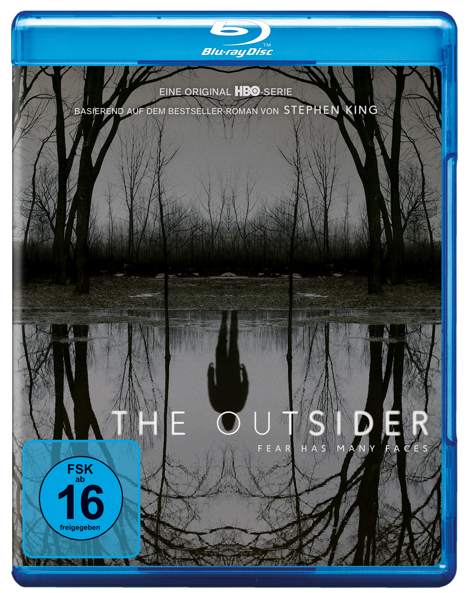 Blu-ray-Cover: The Outsider. Spiegelung einer Figur im Wasser. Bäume im Hintergrund. Text auf dem Cover.
