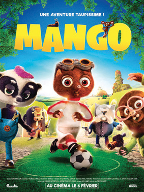 Affiche de film d'un singe de dessin animé jouant au football. D'autres personnages de dessins animés. Champ vert.