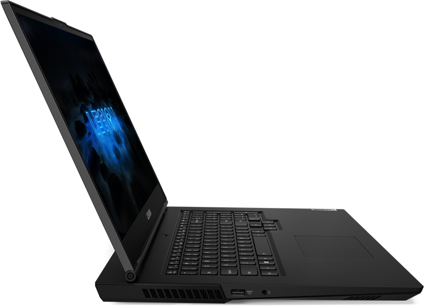 Schwarzer Laptop mit blauem Bildschirm und schwarzem Hintergrund.