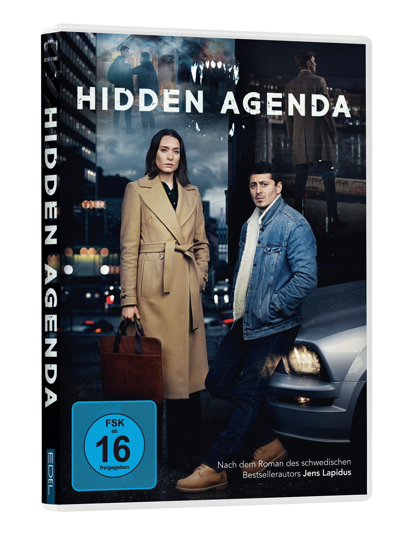 DVD-Cover für "Hidden Agenda" mit Schauspielern und Titeltext, mit dunklem urbanen Hintergrund.