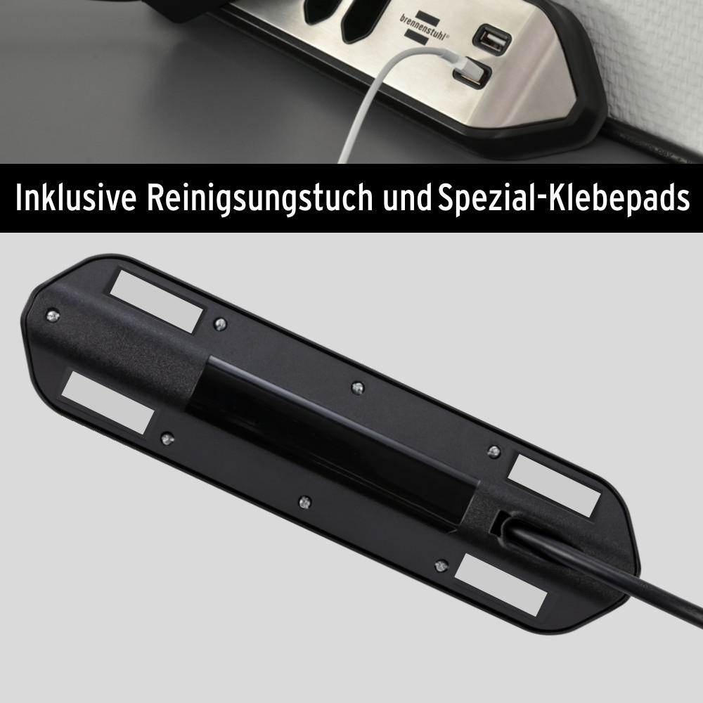 Steckdosenleiste und Montageplatte. Steckdosenleiste mit USB-Anschlüssen ist in der Wand. Text auf Deutsch.