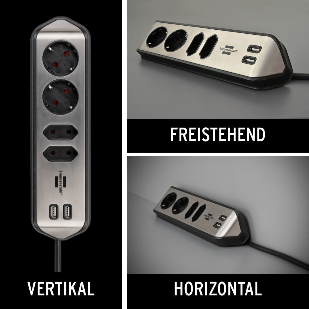 Steckdosenleiste in vertikaler und horizontaler Ansicht mit Steckdosen und USB-Anschlüssen, schwarzes Kabel.