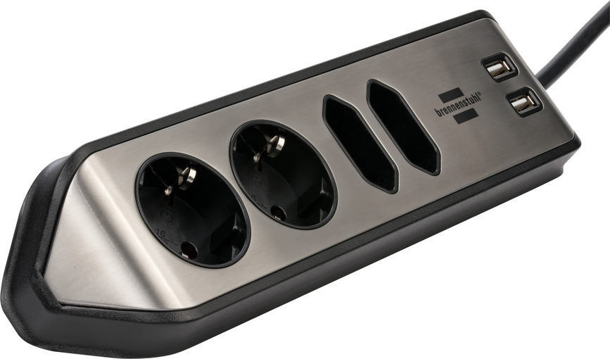 Silber-schwarze Steckdosenleiste. Zwei Steckdosen, zwei USB-Anschlüsse, schwarzes Kabel.