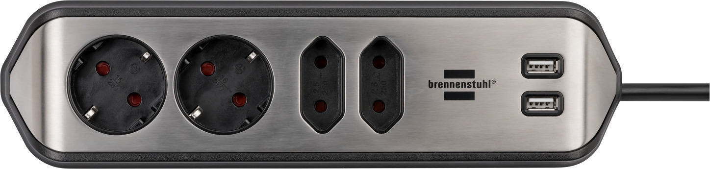 Steckdosenleiste mit Steckdosen, USB-Anschlüssen und dem Markennamen, auf hellem Hintergrund.