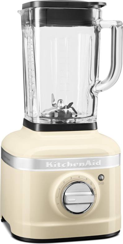 Krémszínű KitchenAid turmixgép üvegkancsóval és számlappal.