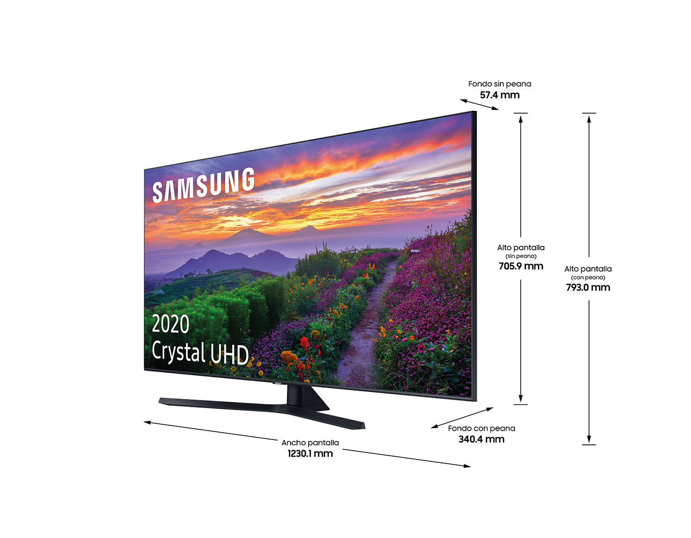 Un televisor Samsung muestra un paisaje. Se muestran las dimensiones.