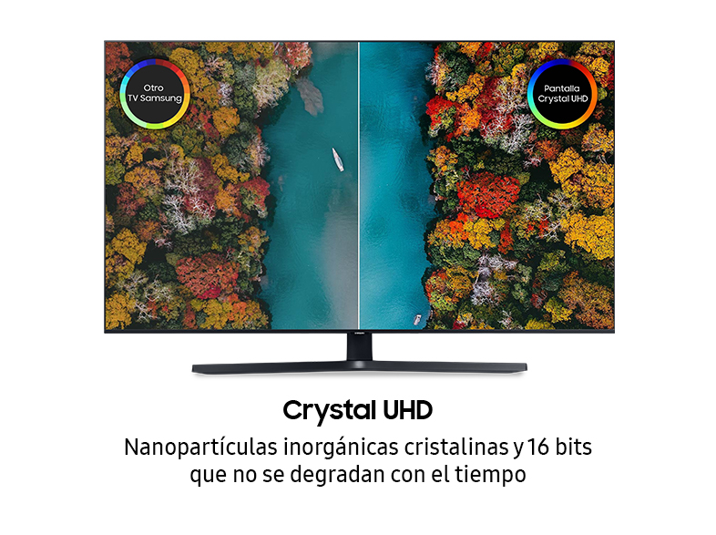 Una pantalla de TV con una vista dividida, que muestra una escena de lago y texto sobre Crystal UHD. Fondo blanco.