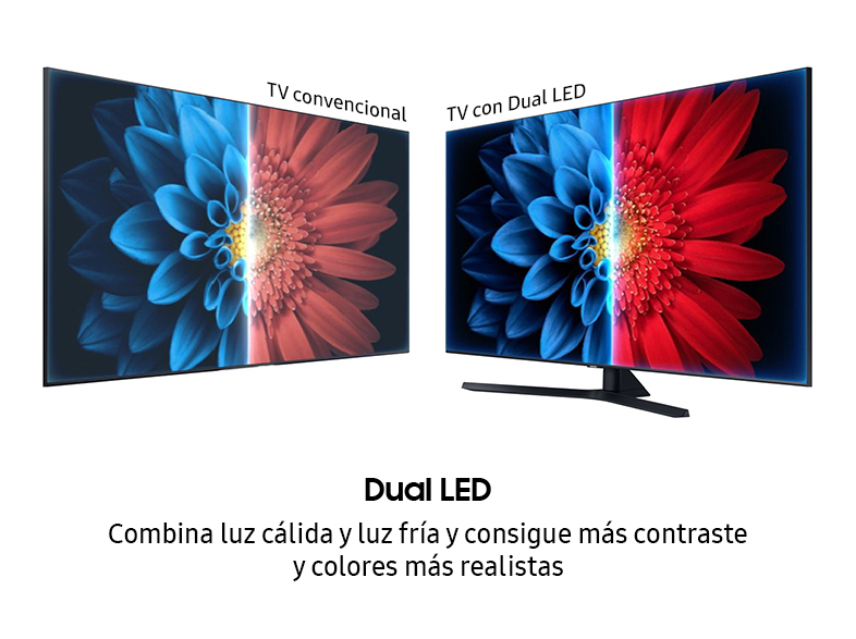 Dos televisores uno al lado del otro. Uno es convencional, el otro con LED dual. Ambos muestran imágenes de flores coloridas.