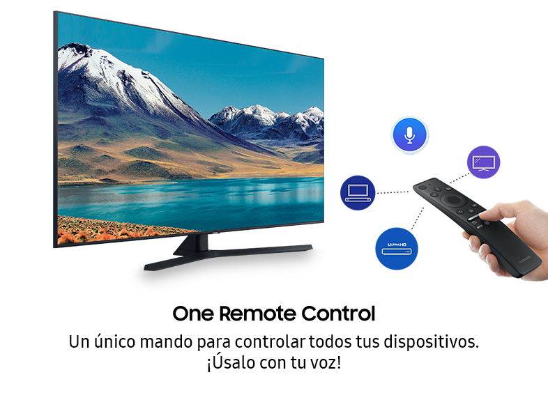 Un televisor con un mando a distancia. Los iconos muestran portátil, voz, TV y ultra HD. Texto: One Remote Control.