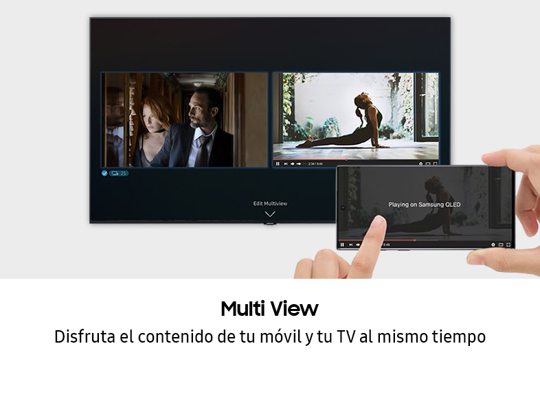 Persona con teléfono con dos videos en TV. Texto: Multi View. Subtítulos.