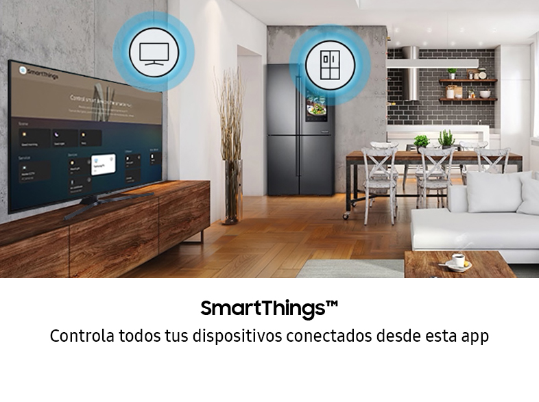 Sala de estar con TV, refrigerador y sofá. Un texto dice: SmartThings, controla todos tus dispositivos.