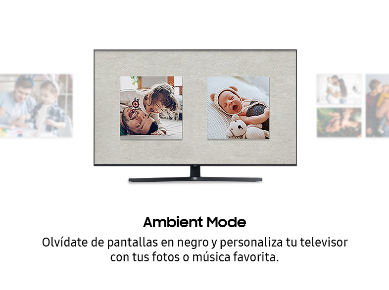 Una pantalla de TV mostrando fotos familiares, con el texto "Ambient Mode" y texto en español debajo.