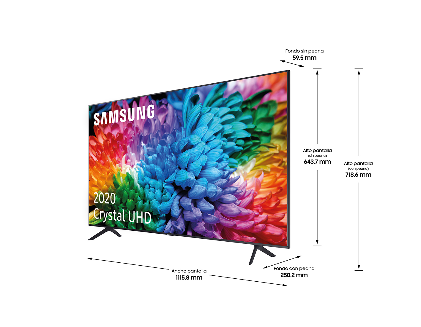 Un televisor Samsung con dimensiones en la pantalla.