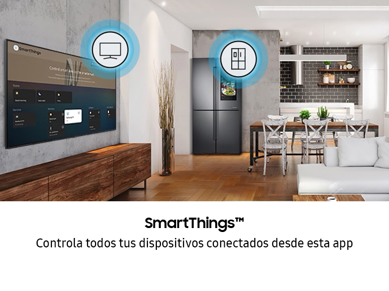 Una sala de estar moderna con dispositivos conectados, incluyendo un televisor y un refrigerador SmartThings.