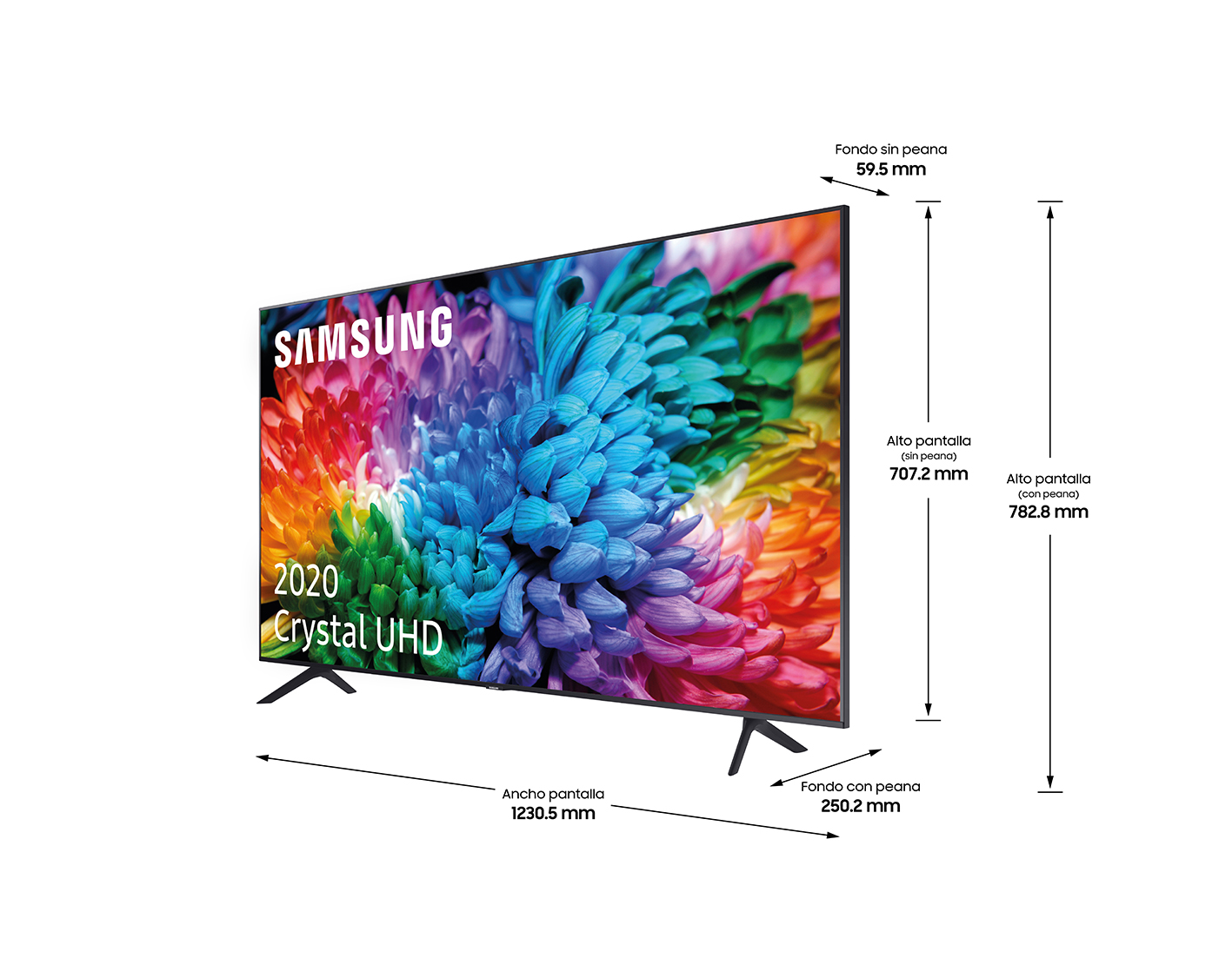 Un televisor Samsung moderno, marco negro, que muestra un patrón floral colorido, con medidas.