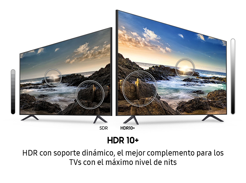 Dos televisores lado a lado, uno SDR, uno HDR10+, mostrando un paisaje.