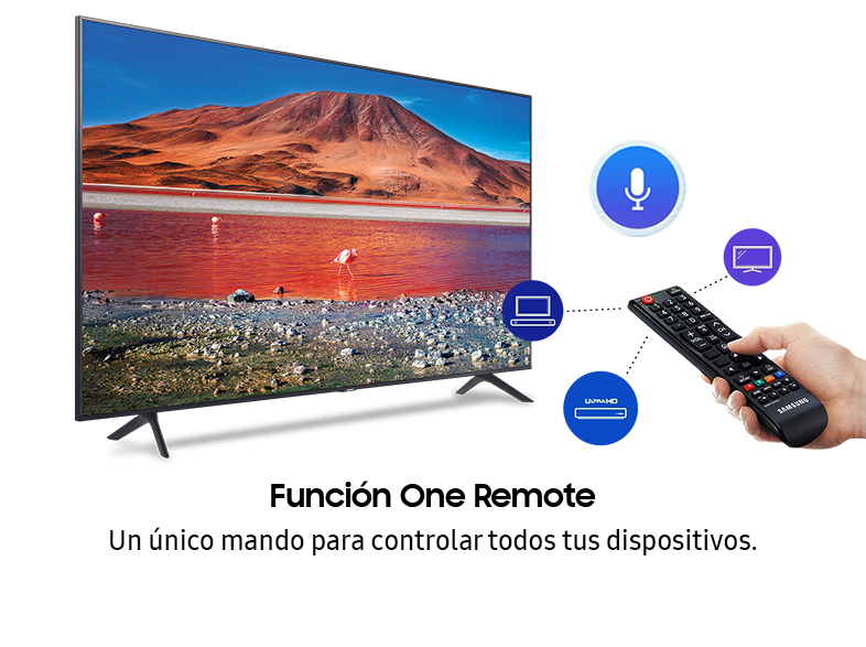 Un televisor muestra un paisaje. Una mano sostiene un mando a distancia con iconos de voz, portátil y más.